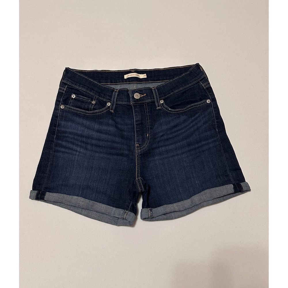 Levis Mid Length Shorts Womens 29 Dark Wash Denim Cuffed Stretch Jean Shorts